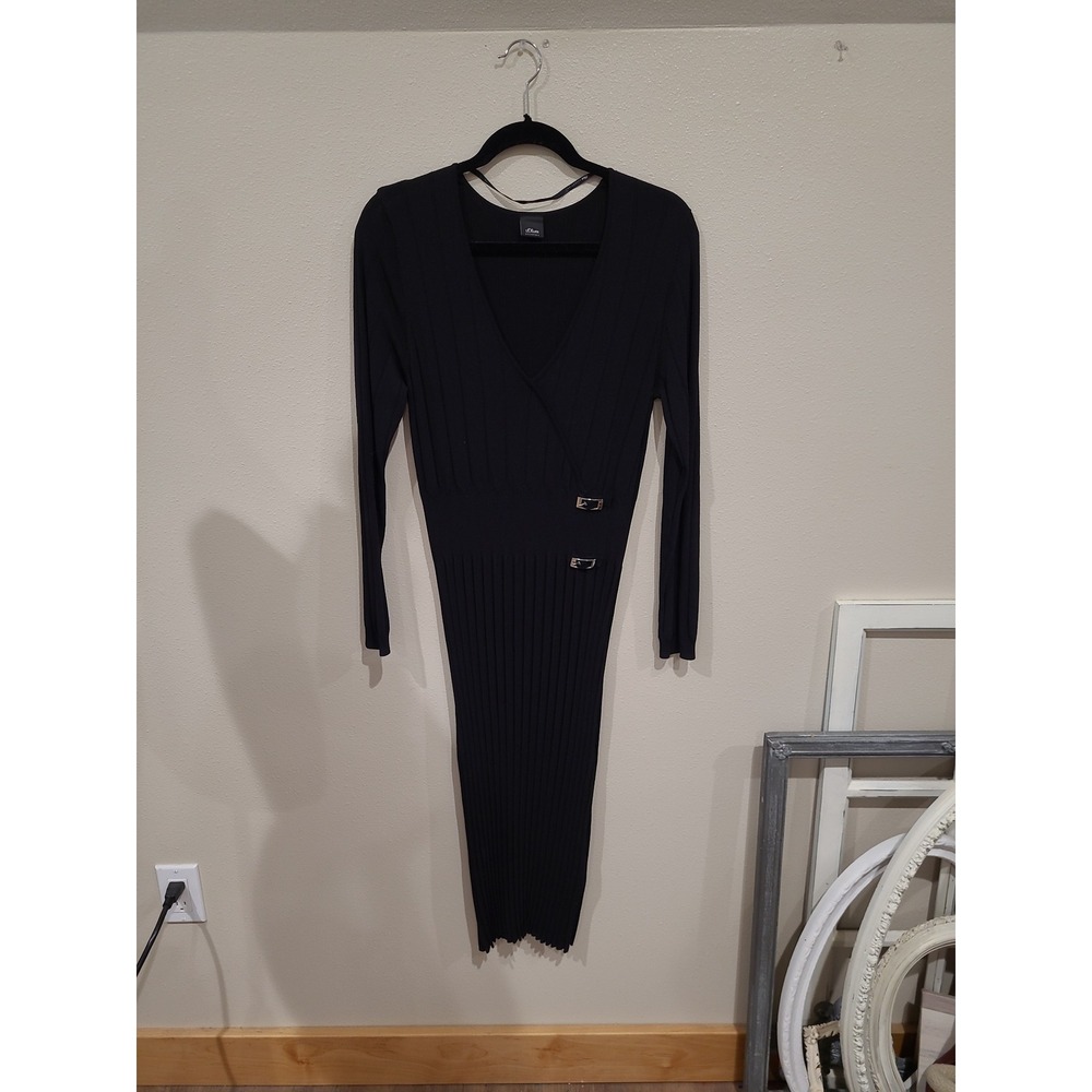 S. OLIVER Selection Women SZ 14 black knit midi dress pleated packable career